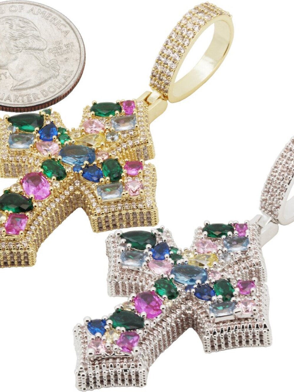 14k Yellow/White Gold Plated AAA Cubic Zirconia Multicolor Cluster Cross Pendant